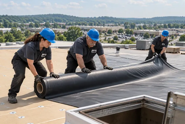 Crew laying black EPDM rubber membrane on a low-slope commercial roof