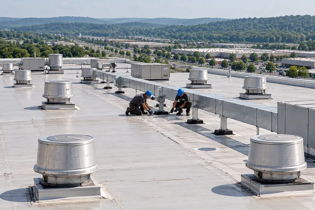 Aerial view of roofers working across a large industrial plant roof with rooftop equipment