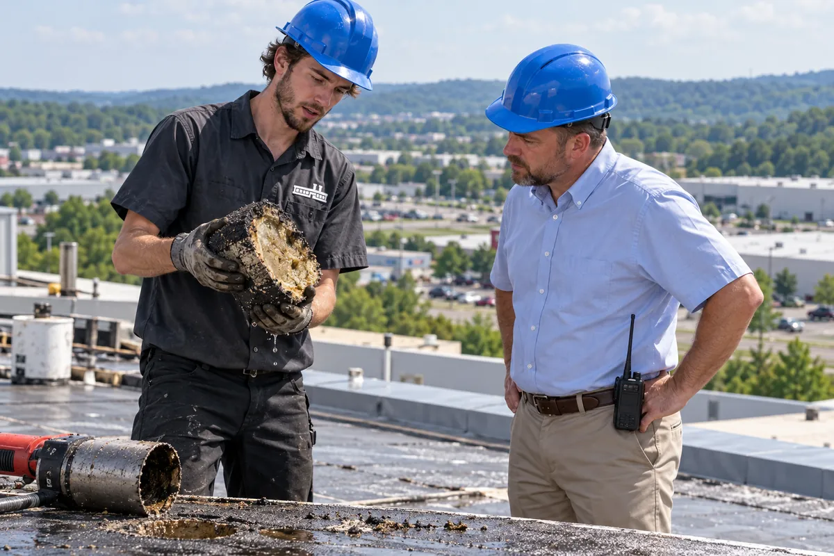 Roofer walking a commercial roof and checking seams and drains during an inspection