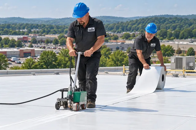 Roofers rolling out and welding white TPO membrane on a commercial flat roof